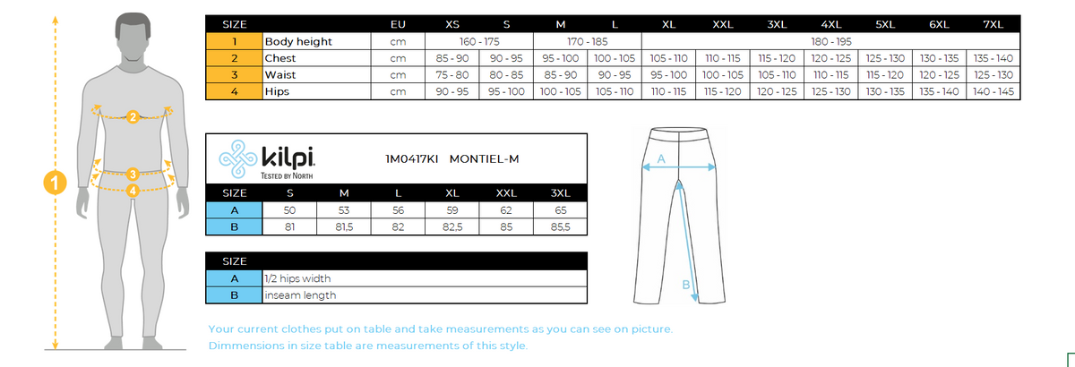 Men's cotton sweatpants Kilpi MONTIEL-M – Size chart