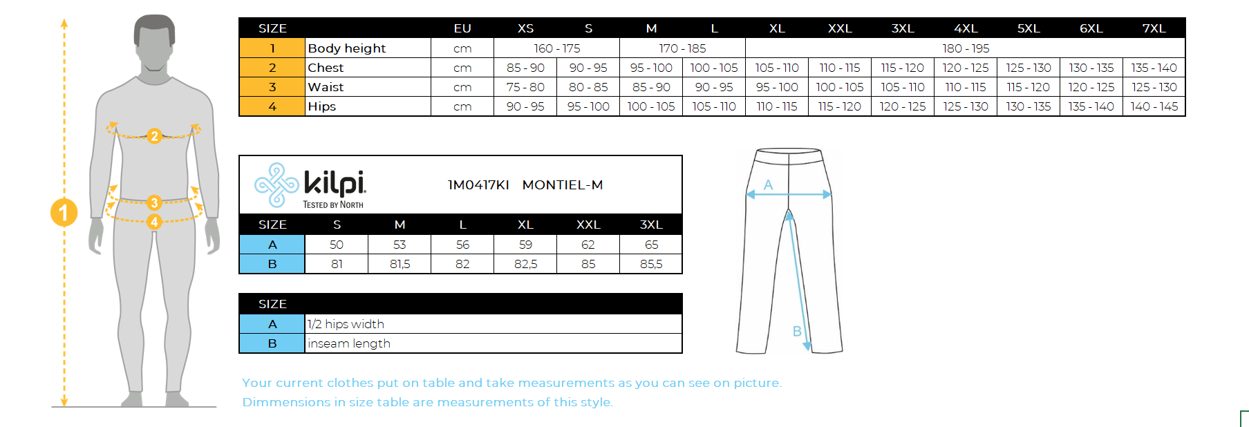 Men's cotton sweatpants Kilpi MONTIEL-M – Size chart