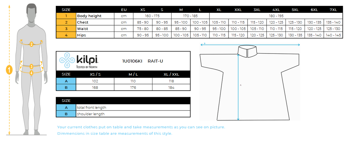 Unisex raincoat Kilpi RAIT-U – Size chart