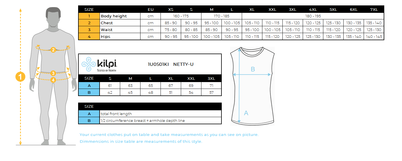 Functional tank top Kilpi NETTY-U – Size chart