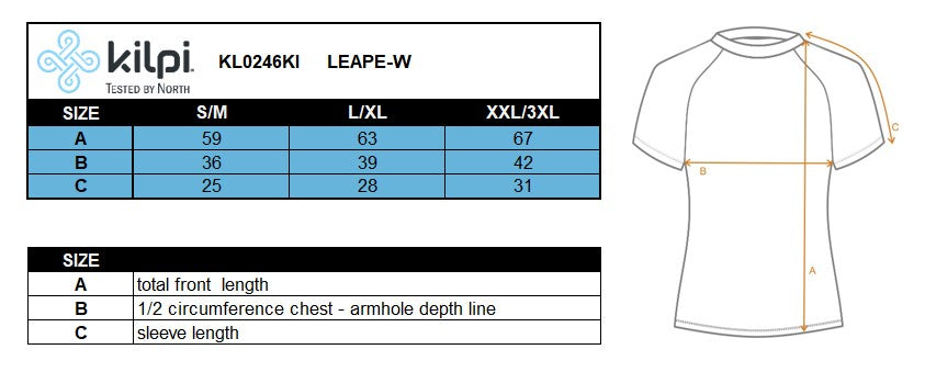 Women's functional T-shirt Kilpi LEAPE-W – Size chart