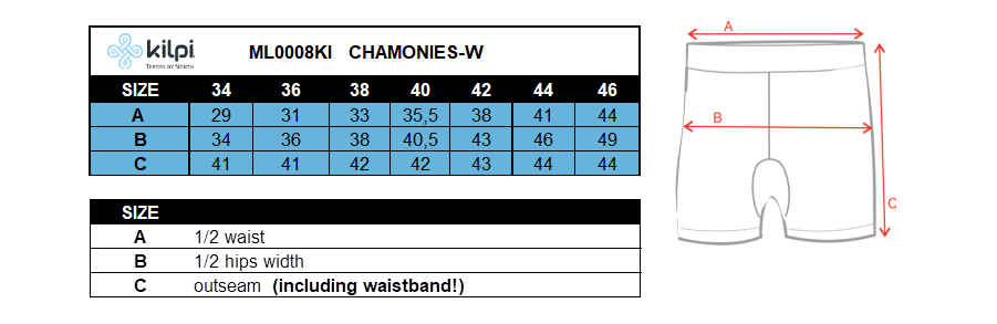 Women's running shorts Kilpi CHAMONIES-W – Size chart