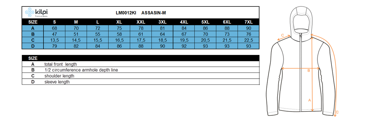 Men´s stretch fleece sweatshirt Kilpi ASSASIN-M – Size chart