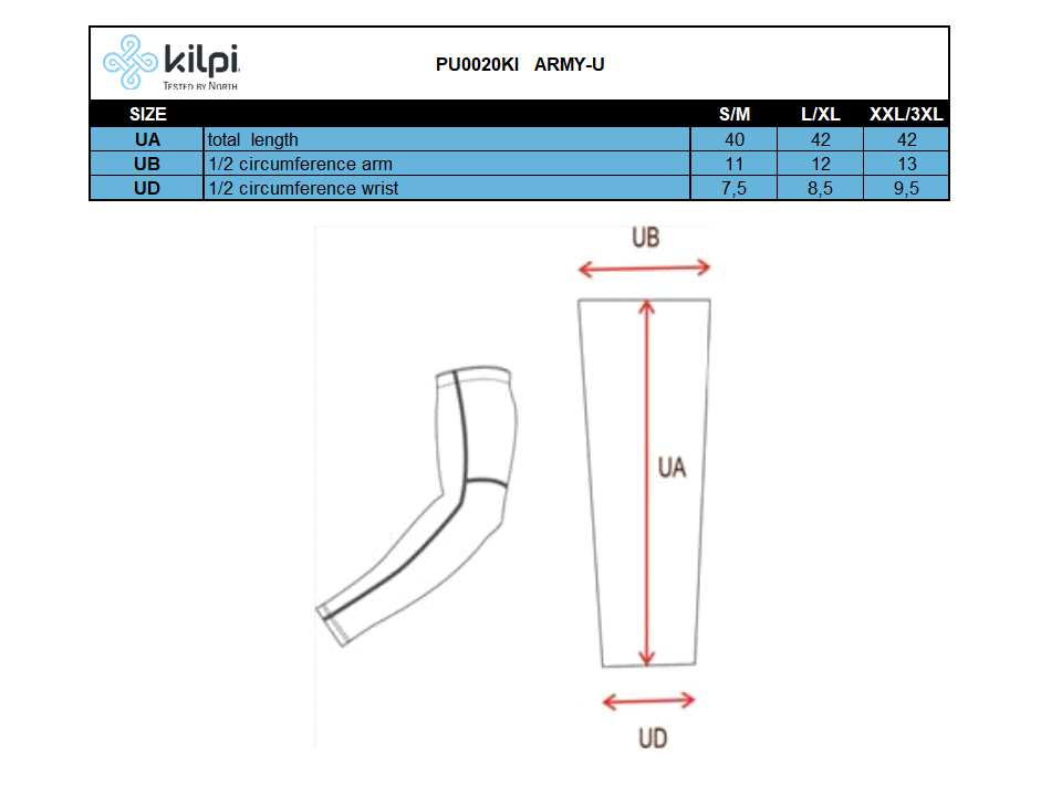 Warmers for arms Kilpi ARMY-U – Size chart