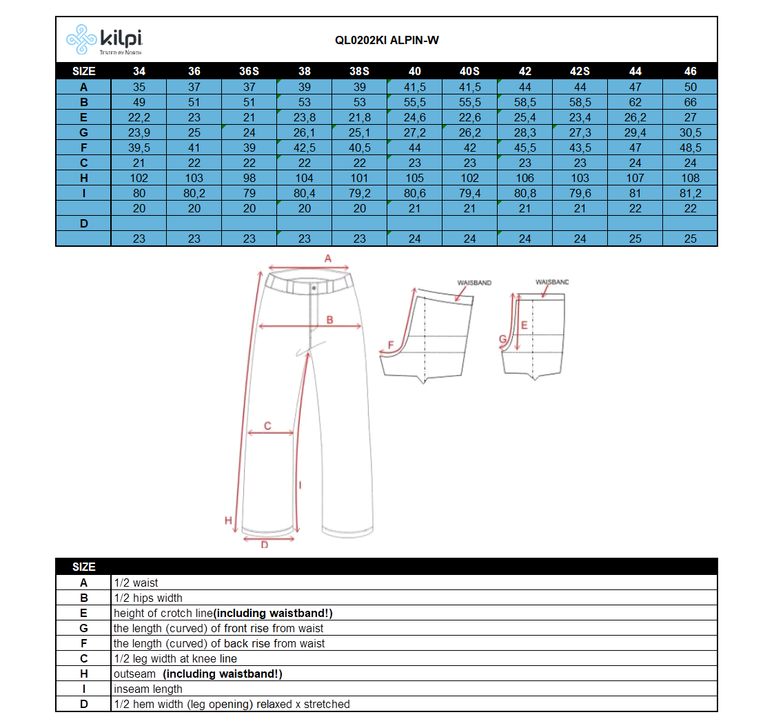 Women´s outdoor pants Kilpi ALPIN-W – Size chart