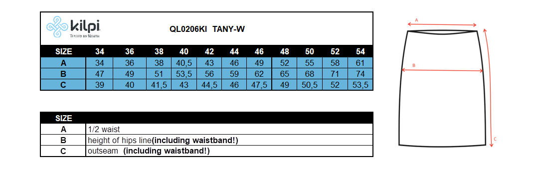 Women's insulated skirt Kilpi TANY-W – Size chart