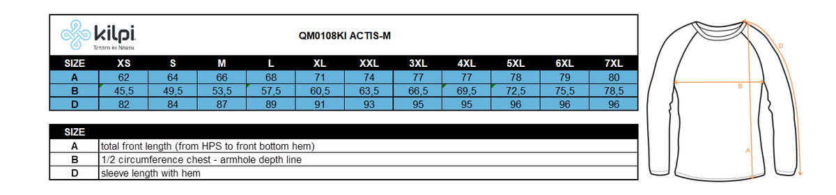 Men´s outdoor jacket Kilpi ACTIS-M – Size chart