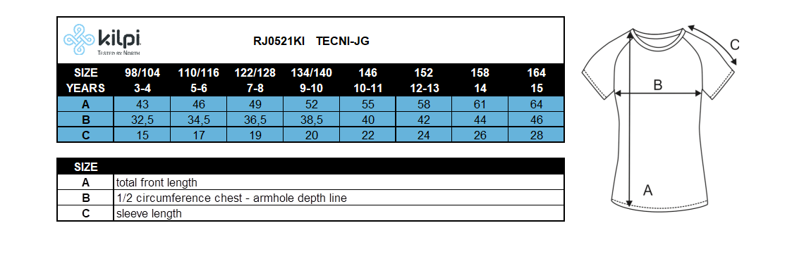 Girl's technical T-shirt Kilpi TECNI-JG – Size chart