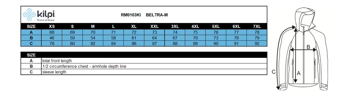 Men's softshell jacket Kilpi BELTRA-M – Size chart