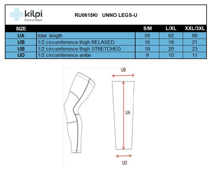 Unisex leg warmers Kilpi UNNO LEGS-U – Size chart