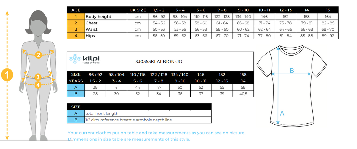 Girl's cotton T-shirt Kilpi ALBION-JG – Size chart