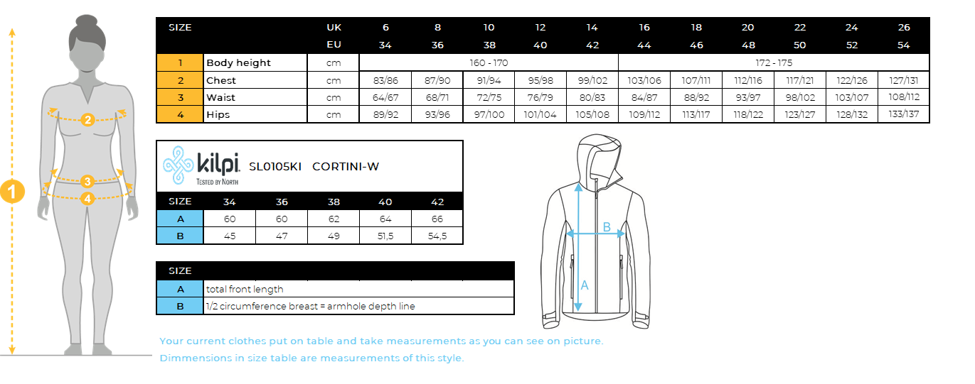 Women's ski jacket Kilpi CORTINI-W – Size chart