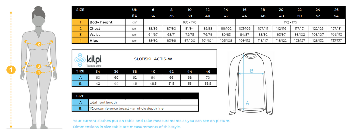 Women´s insulated jacket Kilpi ACTIS-W – Size chart