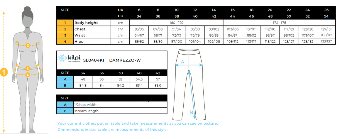 Women's ski pants Kilpi DAMPEZZO-W – Size chart