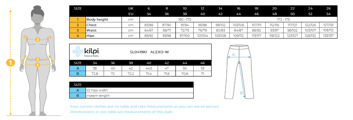 Women´s sporty leggings Kilpi ALEXO-W – Size chart