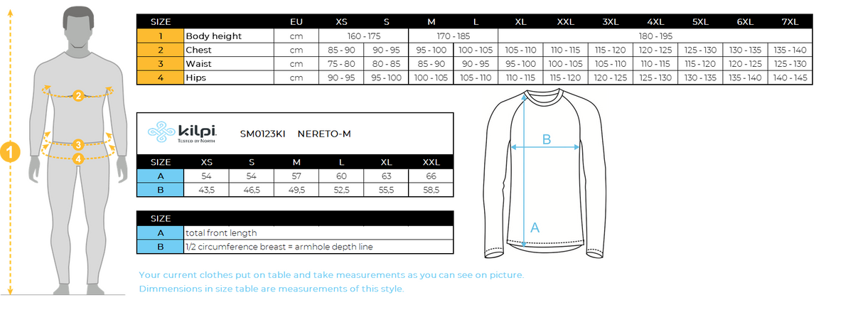 Men's softshell cycling jacket Kilpi NERETO-M – Size chart