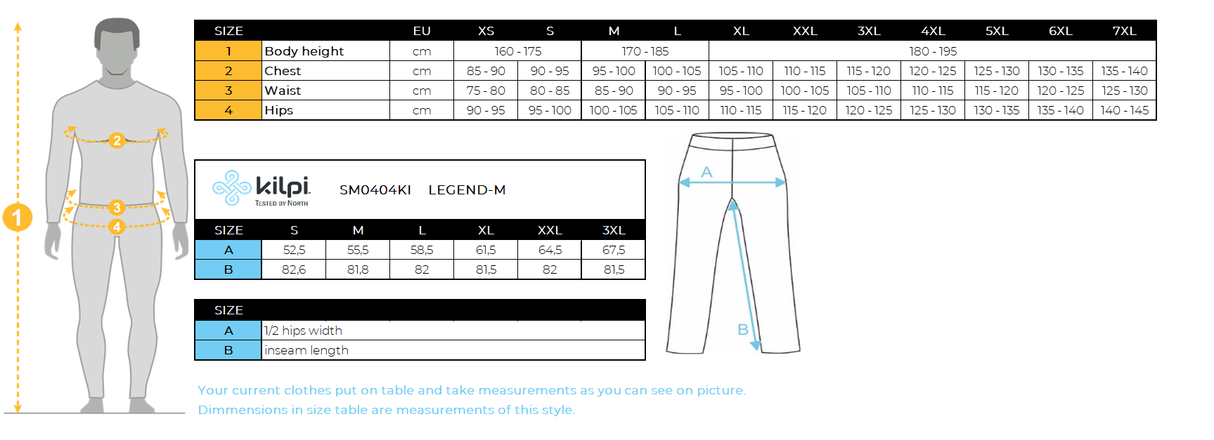 Men's ski pants Kilpi LEGEND-M – Size chart