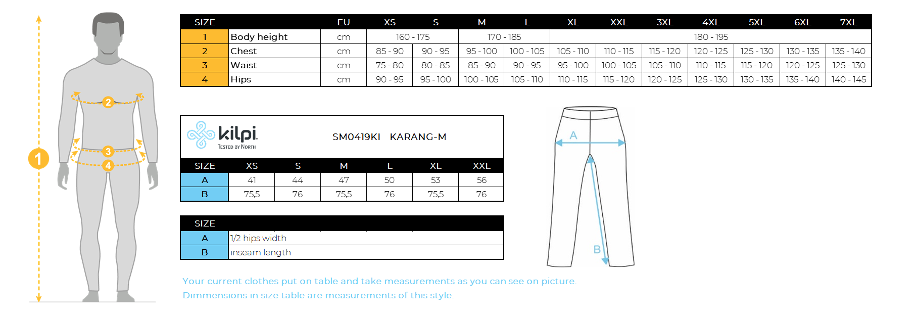 Men's cross country leggings Kilpi KARANG-M – Size chart