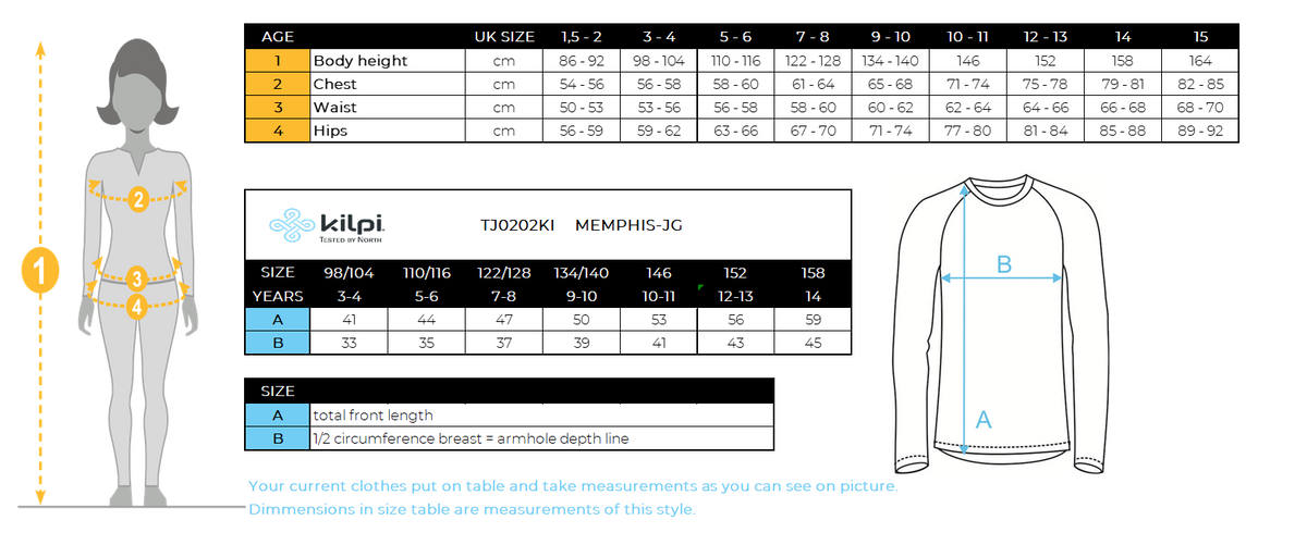 Girl's technical sweatshirt Kilpi MEMPHIS-JG – Size chart