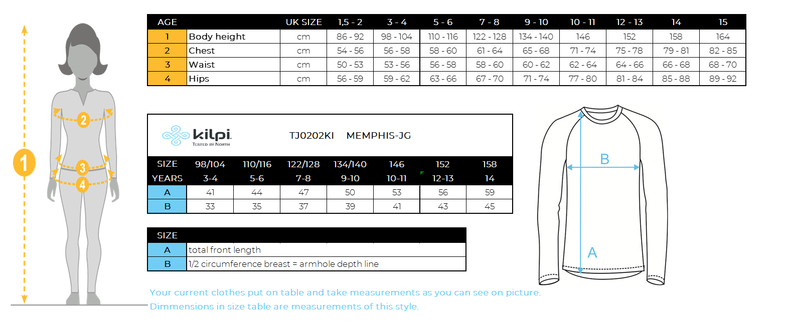 Girl's technical sweatshirt Kilpi MEMPHIS-JG – Size chart