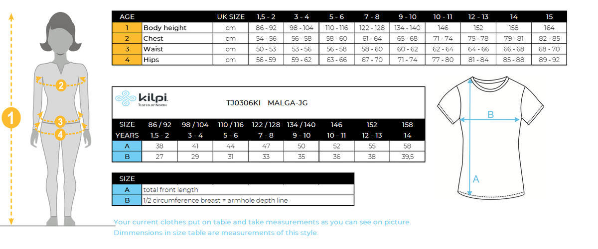Girl's T-shirt Kilpi MALGA-JG – Size chart