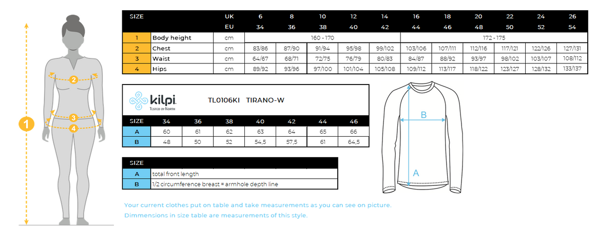 Women's light running jacket Kilpi TIRANO-W – Size chart