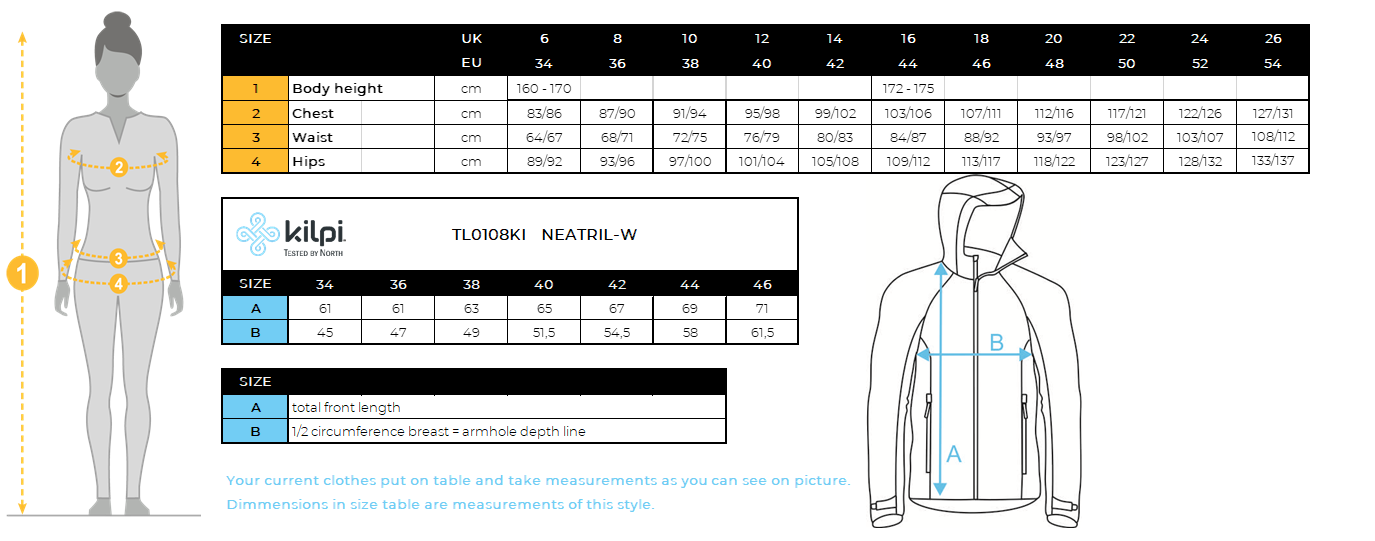 Women's running jacket Kilpi NEATRIL-W – Size chart