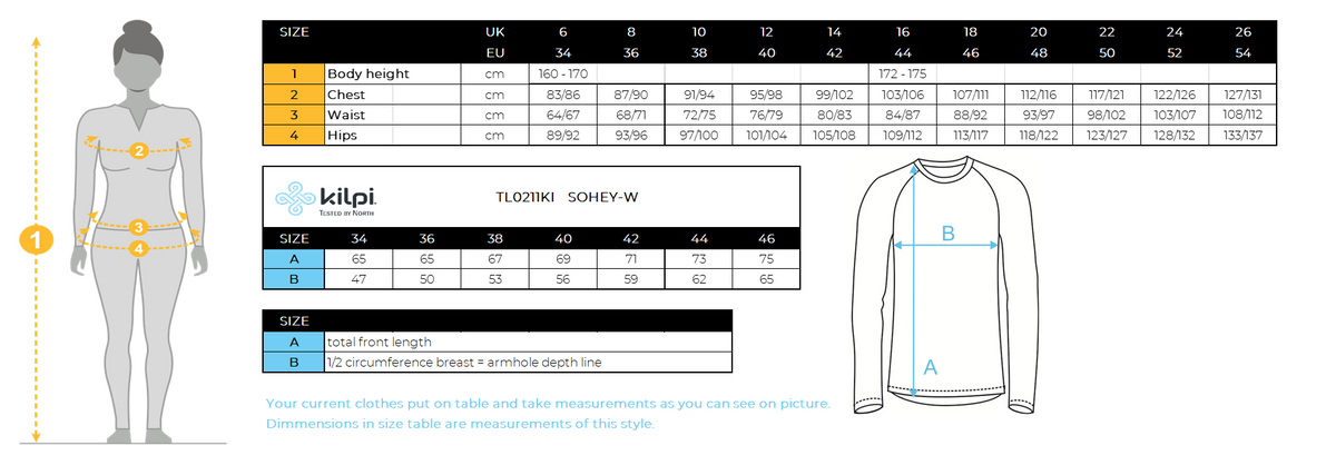 Women's sweatshirt Kilpi SOHEY-W – Size chart