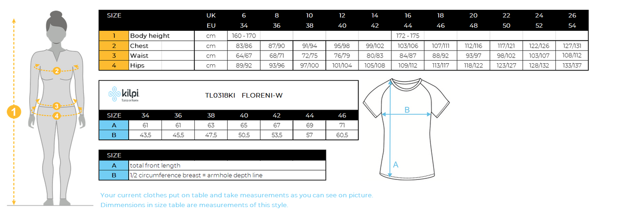 Women's running T-shirt Kilpi FLORENI-W – Size chart