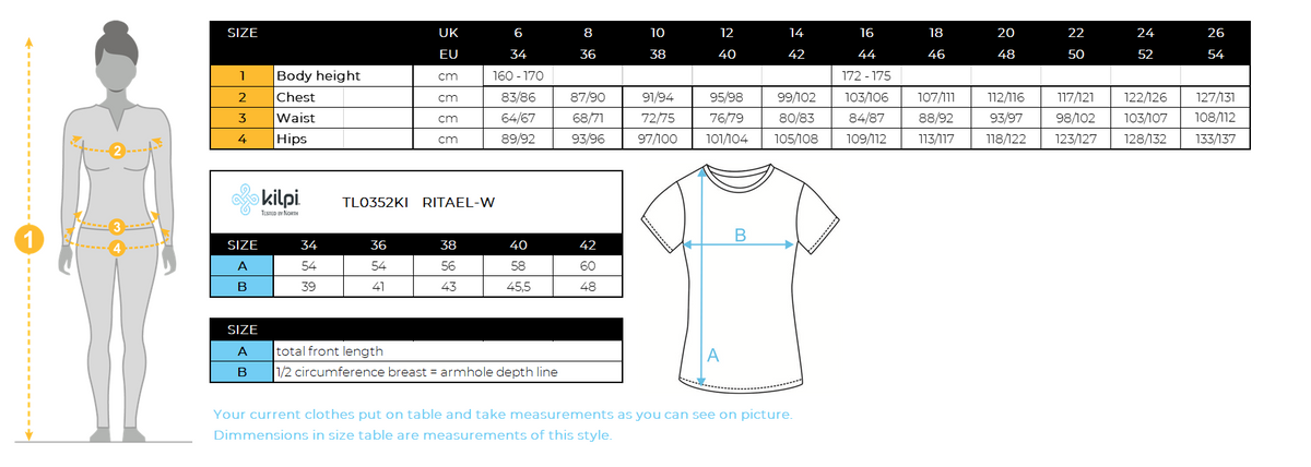 Women's cycling jersey Kilpi RITAEL-W – Size chart