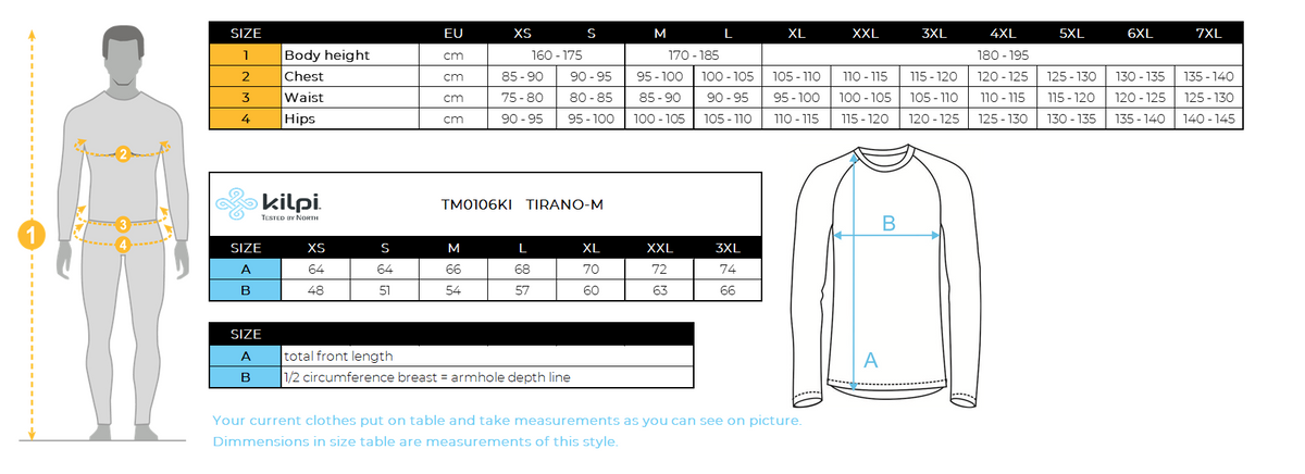 Men's light running jacket Kilpi TIRANO-M – Size chart