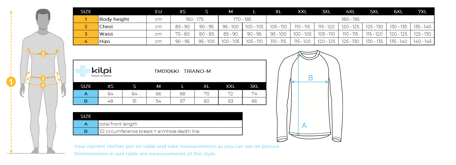 Men's light running jacket Kilpi TIRANO-M – Size chart