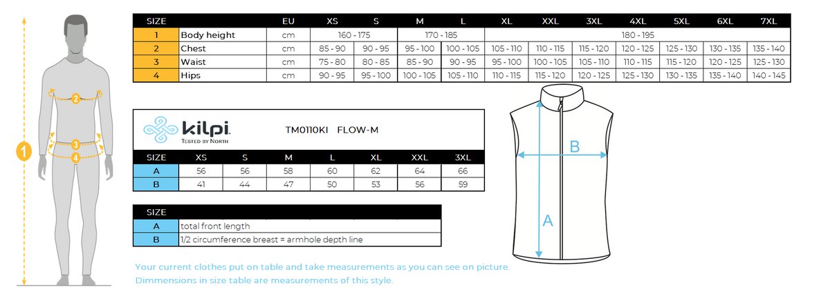 Men's cycling vest Kilpi FLOW-M – Size chart