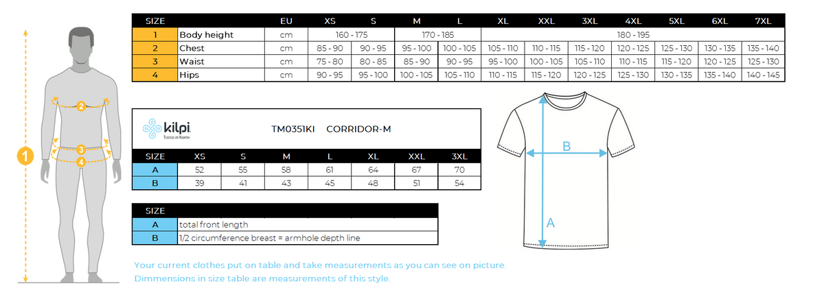 Men's team cycling jersey Kilpi CORRIDOR-M – Size chart