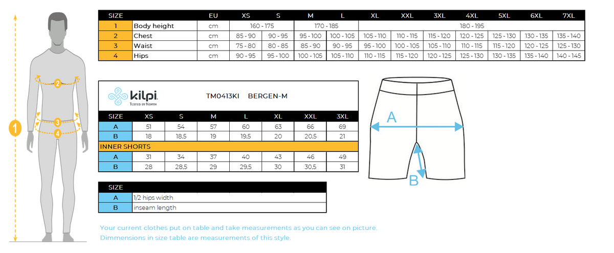 Men´s compress running pants Kilpi BERGEN-M – Size chart