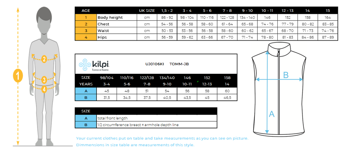 Boy's insulated vest Kilpi TOMM-JB – Size chart