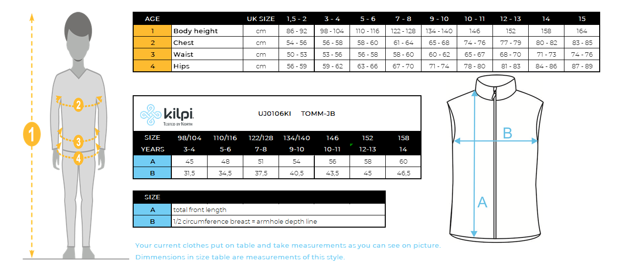 Boy's insulated vest Kilpi TOMM-JB – Size chart
