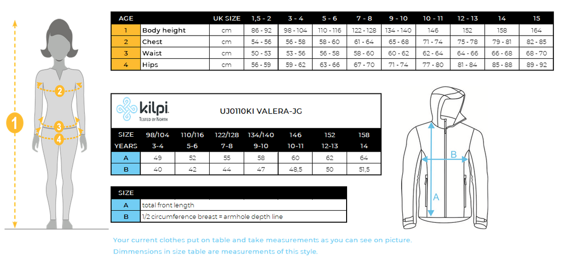 Girl's ski jacket Kilpi VALERA-JG – Size chart
