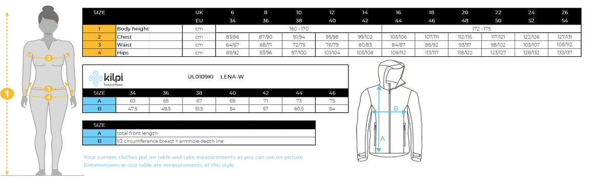 Women's ski jacket with integrated heating system Kilpi LENA-W – Size chart