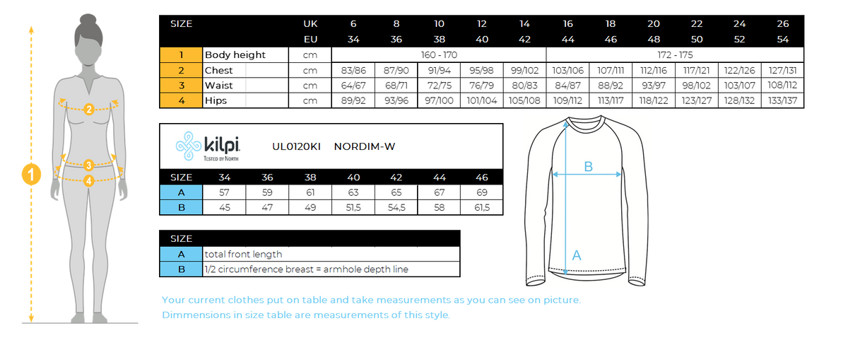 Women's running jacket Kilpi NORDIM-W – Size chart