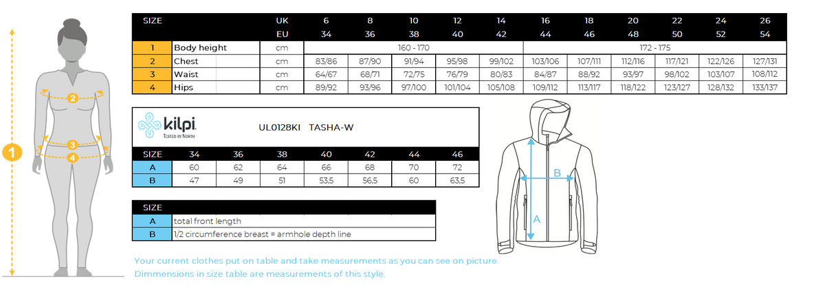 Women's insulated jacket Kilpi TASHA-W – Size chart