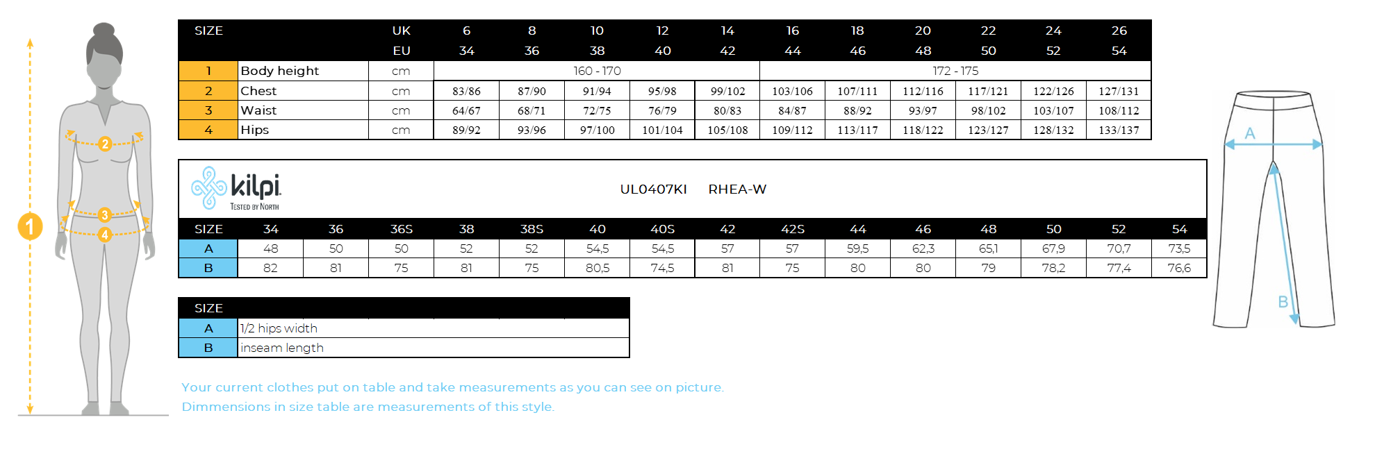 Women's softshell ski pants Kilpi RHEA-W – Size chart