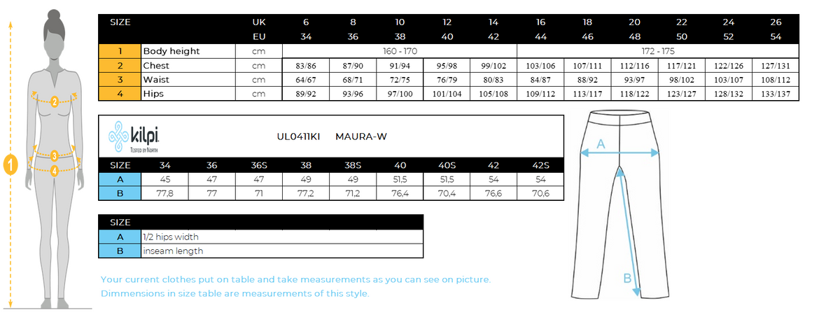 Women's ski softshell pants Kilpi MAURA-W – Size chart