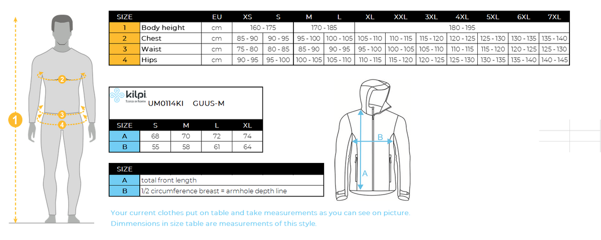 Men's down jacket Kilpi GUUS-M – Size chart