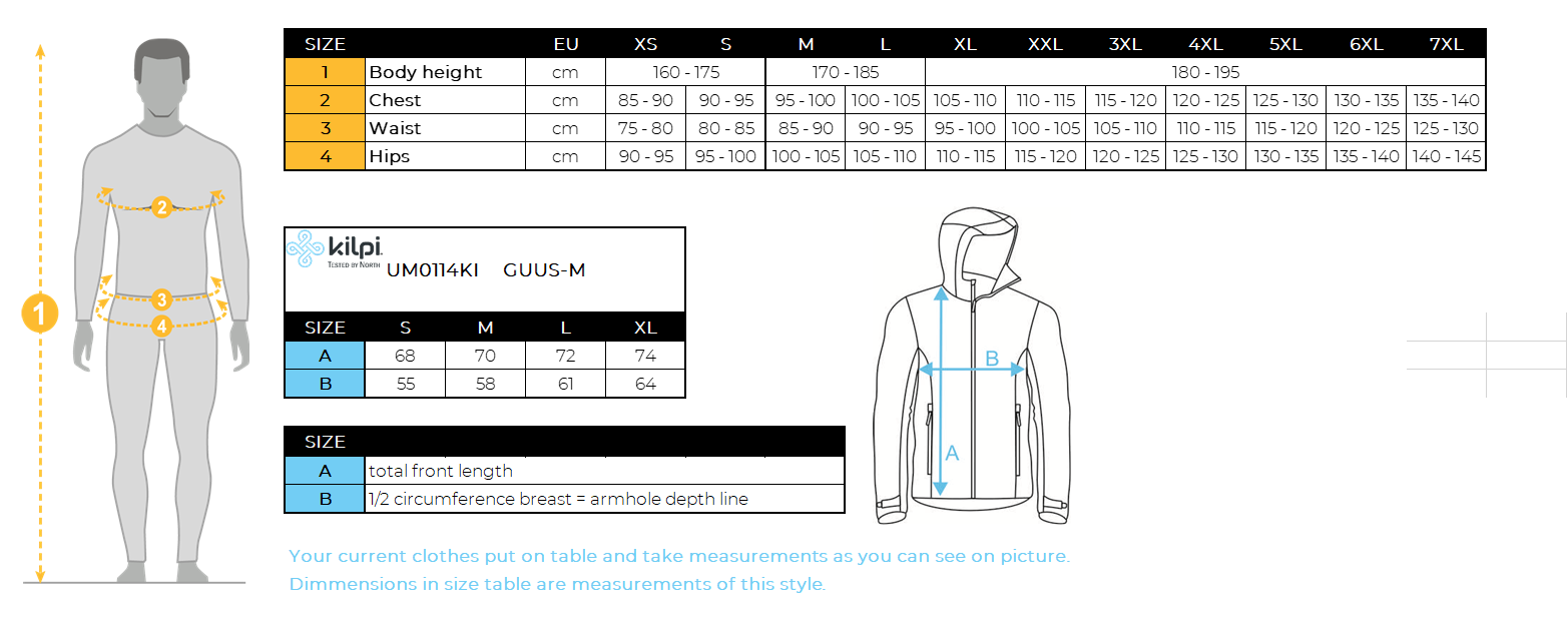 Men's down jacket Kilpi GUUS-M – Size chart