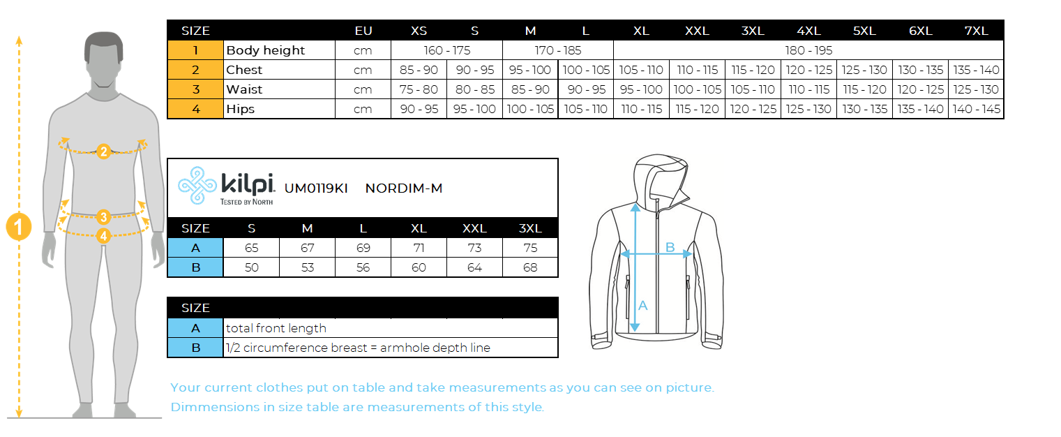 Men's running jacket Kilpi NORDIM-M – Size chart