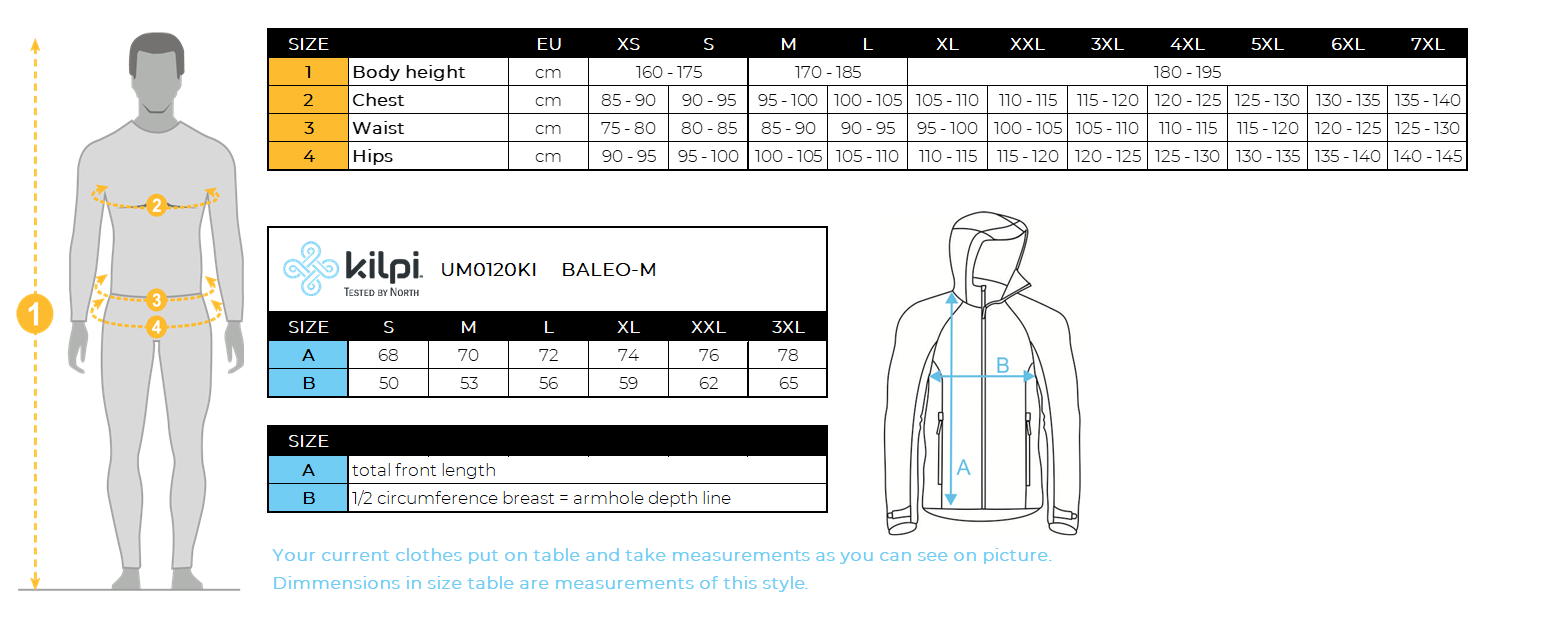 Men's softshell running jacket Kilpi BALEO-M – Size chart