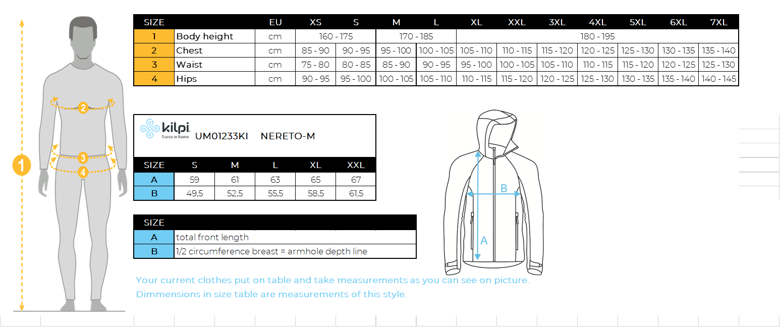 Men's softshell cycling jacket Kilpi NERETO-M – Size chart