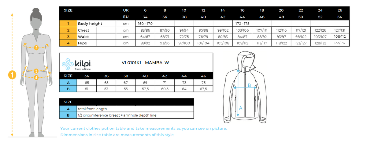 Women's membrane jacket Kilpi MAMBA-W – Size chart