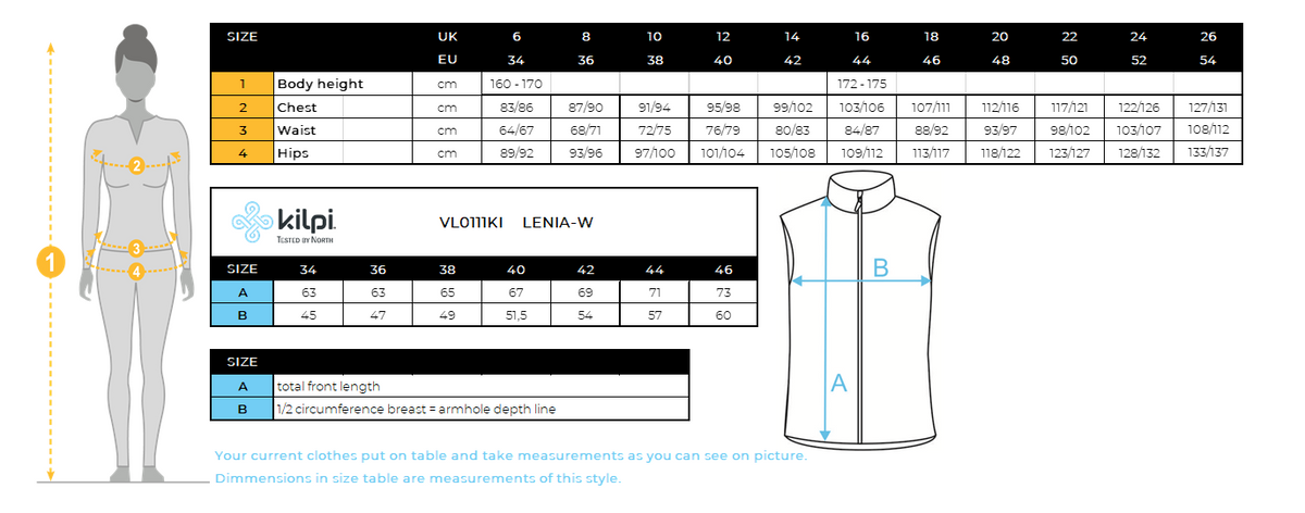 Women's softshell outdoor vest Kilpi LENIA-W – Size chart
